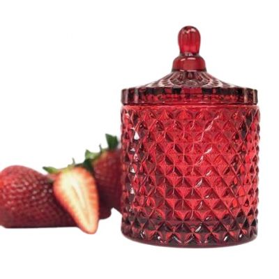 Luxury Elegant Decorative 8oz 20oz Red Color Geo Cut Glass Candle Jar With Glass Lid