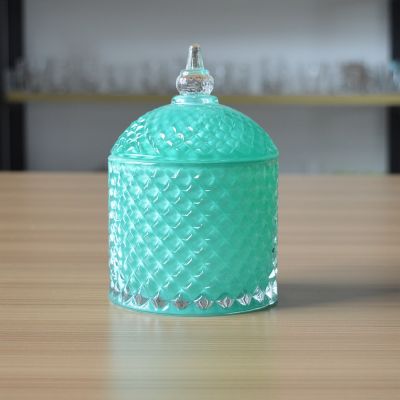 Hotselling luxury diamond turquoise color custom glass candle jar with lid