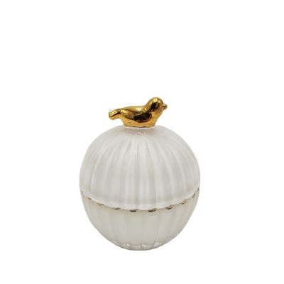 Gold bird knob glass candy jar white color ribbed glass candle jar for home decor