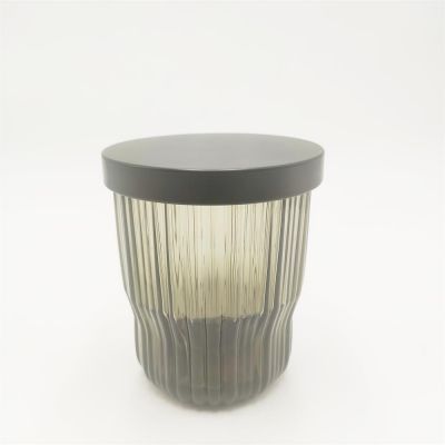 Ribbed design black color glass jar with metal lid black color