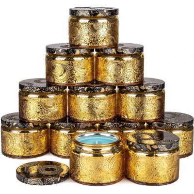 4oz Amber Embossed Shining glass candle jar with Tin Lid and Labels