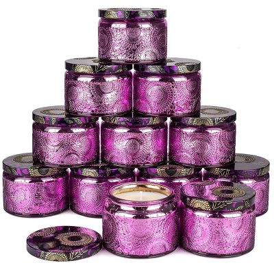 4oz Purple Embossed Shining glass candle jar with Tin Lid and Labels