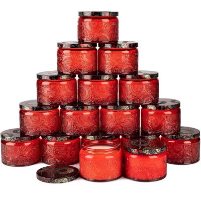 2021 New Fashion 4oz Red Embossed Shining glass candle jar with Tin Lid and Labels