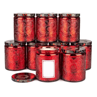 High quality 8 oz luxury custom private label empty embossed red candle container with lid