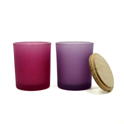Flat Bottom Glass Candle Holder Spray Color Pink Purple With Wooden Mental Lid