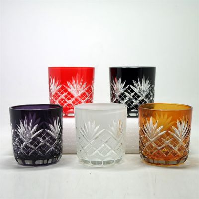customized Hand engraved lotus coloured glass candle jar vessels luxury