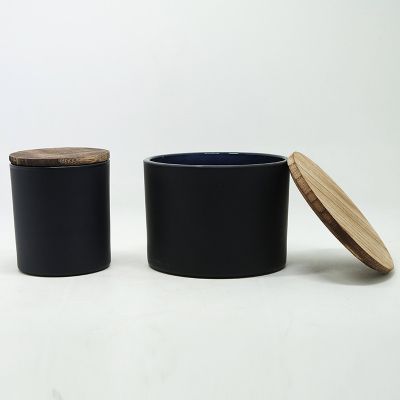 Factory customized empty matte black glass candle jars/candle holder and dark color wood lids