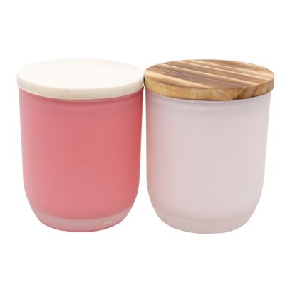 Frosted Outside Matte Rose Red Pink Glass Candle Jar Round Bottom 8oz 10oz Candle Jar With Wooden Lid