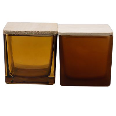 8*8cm 10*10cm Square Amber Candle Glass Jars With Wooden Lids