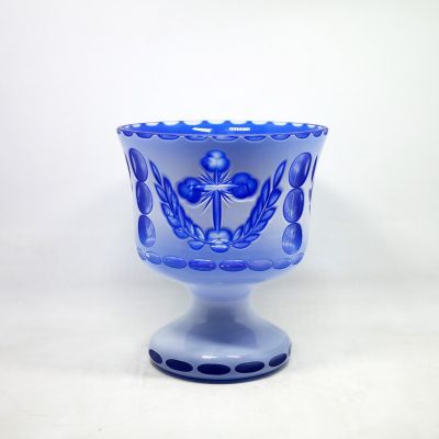 Blue white Votive Glass candle holder with Carved Cross for Sanctuary Lamp