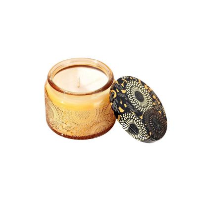 Wholesale 300ml luxury embossed color glass candle jar with sealed metal lid