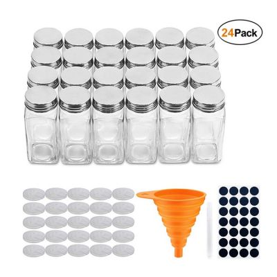 4oz Empty Square Spice Containers with Labels Shaker Lids Airtight Metal 24 Pcs Glass Spice Jars