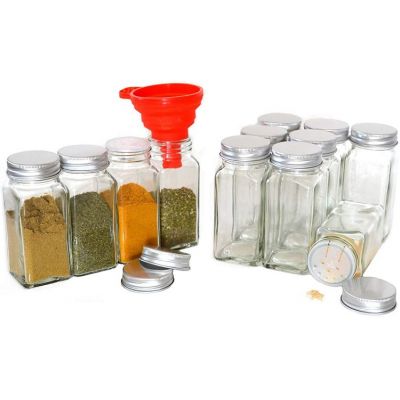 Clear Glass Spice Jars, 4 Oz, Square with Silver Lids and Silicon Funnel, Case of 12