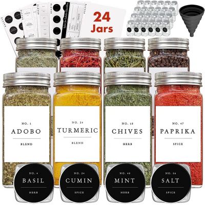 Spice Jars with Label - Spice Organizer Kit 24 Small Glass Jars with Lids & 200 Spice Labels Stickers Empty 4oz Spice Containers Seasoning Organizer Bottles for Spice Rack Cabinet