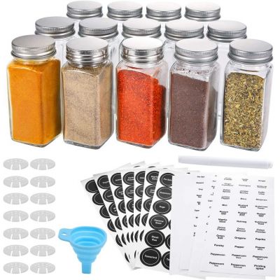 14 Pcs Glass Spice Jars with Spice Labels - 4oz Empty Square Spice Bottles - Shaker Lids and Airtight Metal Caps