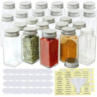 Spice Jars 4 Ounce Square Bottles w/labels, 24-Pack