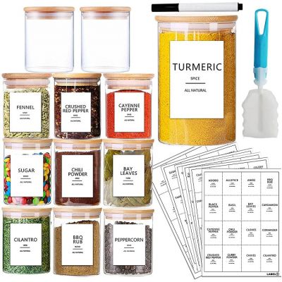 12 Pcs Glass Spice Jars with Bamboo Airtight Lids and Labels - 9oz Small Food Storage Containers for Kitchen, Coffee, Herb - Marker and Brush Included