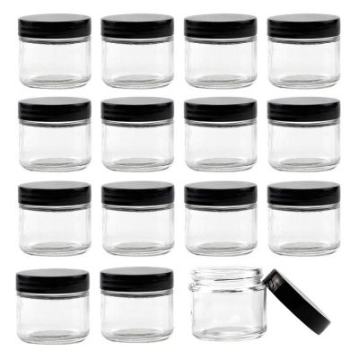 2oz Round Jar Straight Sided Clear Glass Jars, Airtight Glass Jar with Black Plastic Smooth Lids