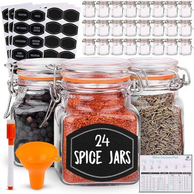Spice Jars - 3.4 oz Airtight Spice Containers | 24 Count Flip Top Glass Jars with Lids