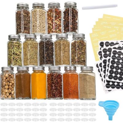 Glass Spice Jars/Bottles - 4oz Empty Square Spice Containers with Spice Labels