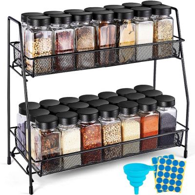 Empty Spice Jars 4oz, Counter Space Saving Spice Rack Organizer for Cabinet, Square Glass Spice Jars with Lids, Labels, Under Cabinet Spice Rack and Funnel