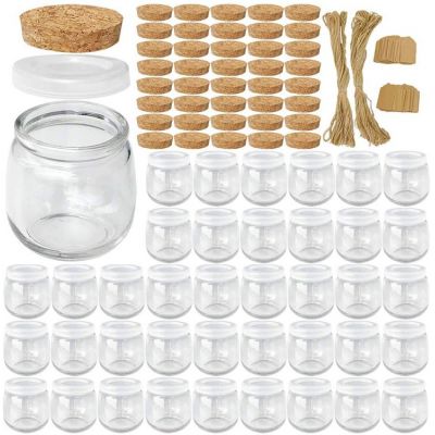 7 oz (225ML) Glass Jars, Yogurt Jars with PE Lids and Cork Lids, Clear Pudding Jars Ideal for Jam, Honey, Spices,Mousse, DIY and Art
