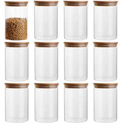 14oz/400ml Glass Spice Jar Clear Glass Food Storage Containers Set Airtight Food Jars with Bamboo Wooden Lids 