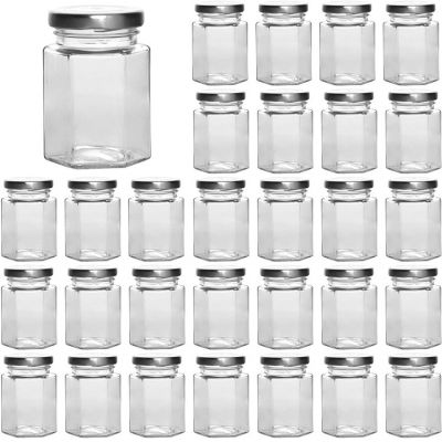 Hexagon Glass Jars, 30 Pcs 4 oz Glass Jars with Silver Lids, Mason Jars for Jam, Jelly, Honey, Gifts, Crafts, Wedding, Spice, Dry Goods and More