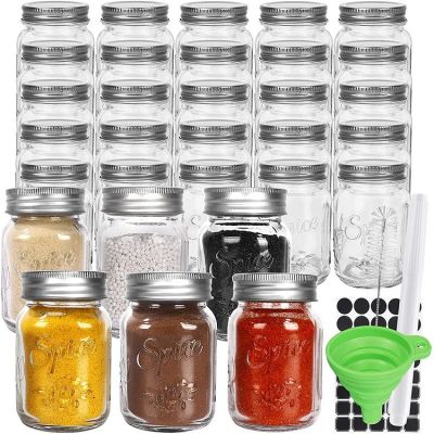Glass Mason Spice Jars, 4 oz Round Spice Containers Bottles with Silver Metal Caps and Shake Lids