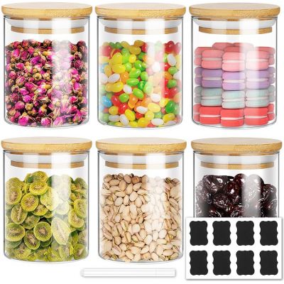 Glass Jars set of 6, with Bamboo Lids 16oz Airtight Food Storage Canister Spice Glass Jars 