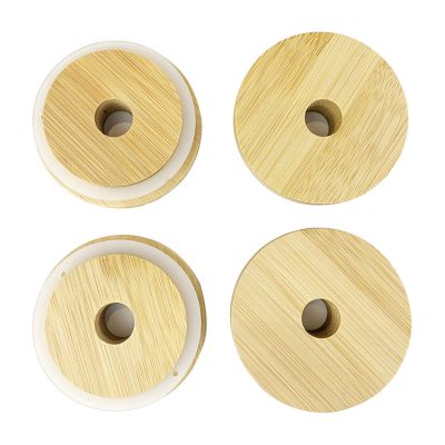 In Bulk Wide Mouth 88mm 86mm Bamboo Glass Mason Jar Lids with Straw Hole for Juice