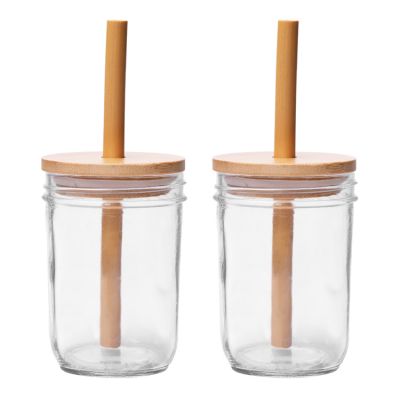 Hot Sales Wide Mouth 16oz 500ml Clear Round Glass Mason Jar with Bamboo Lids and Straw Hole