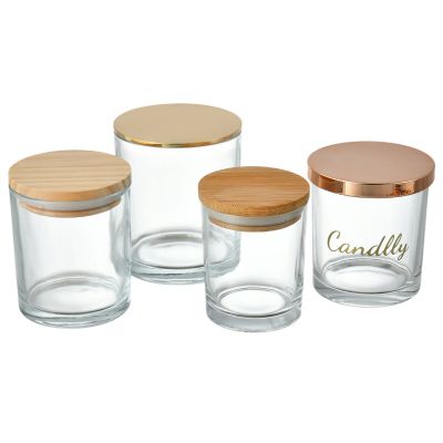 Home decoration transparent glass candle jar aromatherapy wax soybean wax candlestick oil jar Zinc alloy metal lid wood lid
