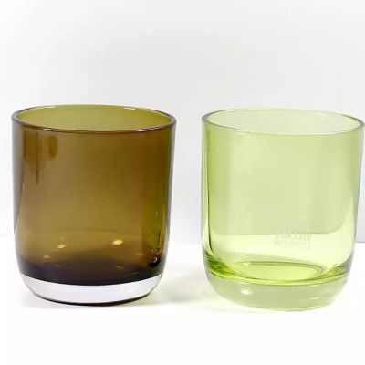 10 oz 300 ml round bottom sprayed shiny transparent green brown amber color candle container glass with wood lid bamboo lid