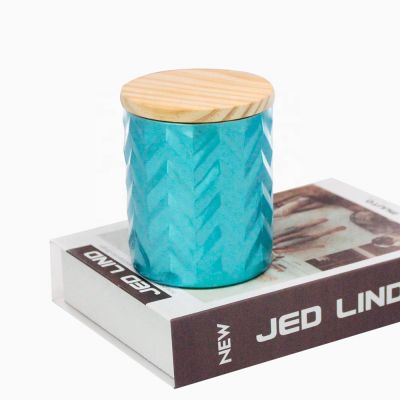 14oz glass luxury blue embossed candle vessel with top for wax candle