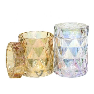 Wholesale iridescent amber candle glass jar with glass lid luxury cylindrical ion plating emboss diamond candle holder