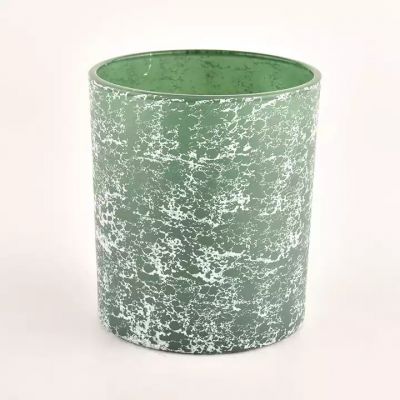 green glass candle holder with silver crack painting