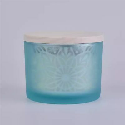 Luxury Blue Emboss Glass Candle Jar with Wooden Lids