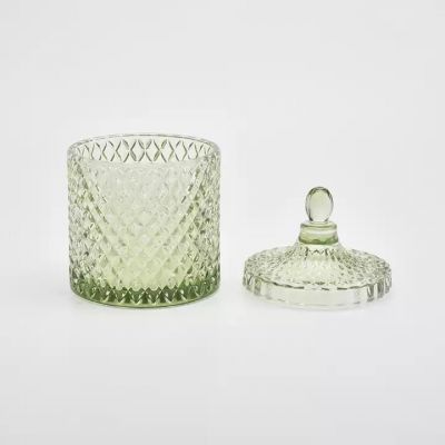 Green 570ML diamond effect spring green luxury glass candle jar with lids in bulk