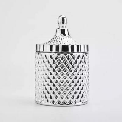 Wholesale 18oz glass luxury silver diamond effect candle vessele with lids in bulk