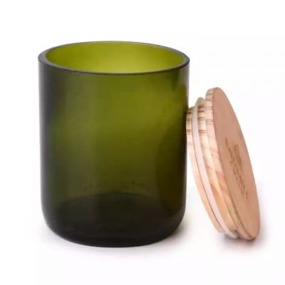 wholesale 300ml round green glass cut candle jar with wooden lids