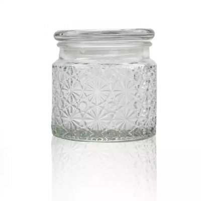 Manufacturer Embossed 12 oz Glass candle Jar vessel with Glass Lid for Candle Making DIY gift