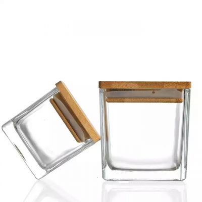 Christmas Glossy Square Candle Cups Container Glass Candle Jars with Bamboo Lid for Household Decoration