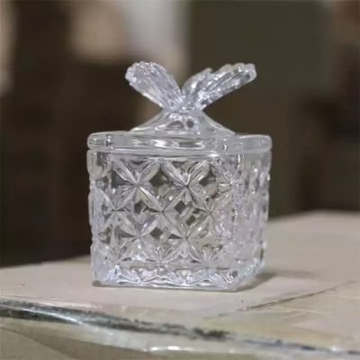Creative transparent square small candle jar glass with butterfly glass lid