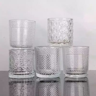 Customize different sizes of creative embossed transparent small candle jar glass with lid