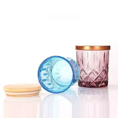 Wholesale 10oz wide mouth color patterned transparent small glass jars with metal or wood lids