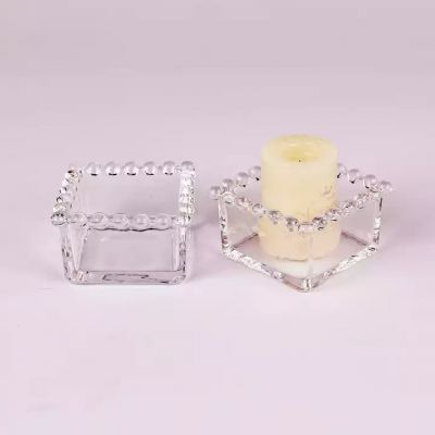 High quality transparent beaded lace Candlestick square small candle jar glass with lid