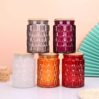 Custom Luxury candle vessels empty embossed color large glass candle jars with lid
