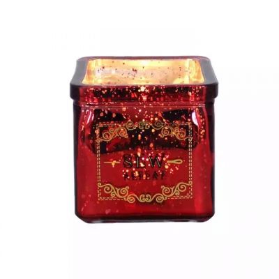 Fashion holiday red candle crafts electroplated square candle jar glass with lid