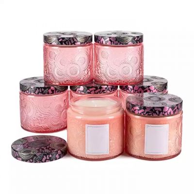 Wholesale 4 oz 10 oz glass jars with lids spice jam lotion embossed glass candle jar
